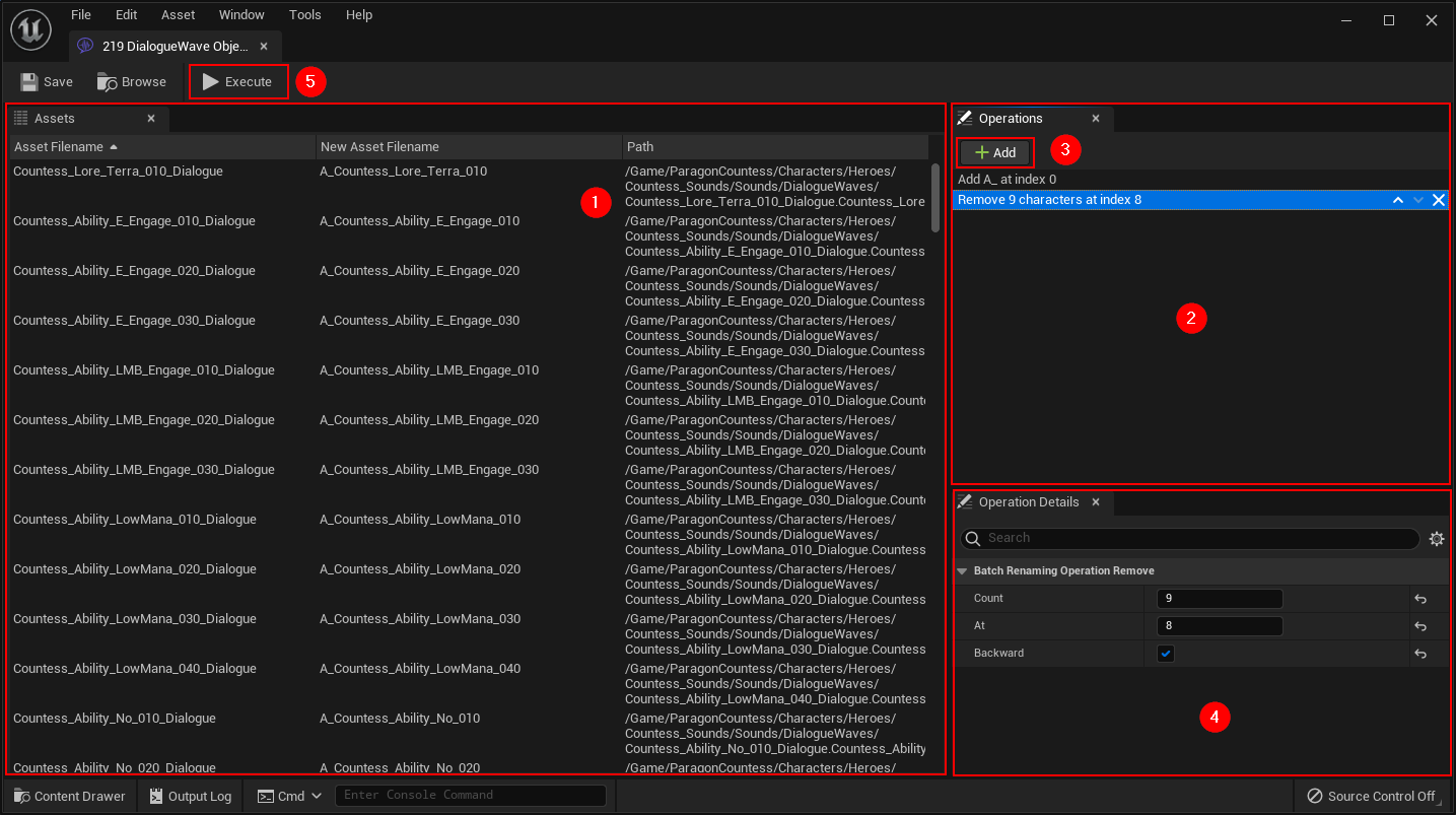 Batch Rename Tool Window highlighting the different part of the window